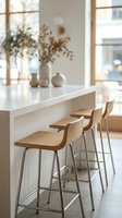 Modern kitchen island with wooden bar stools and dried floral arrangement in vases by bright windows, suitable for home decor and interior design projects.