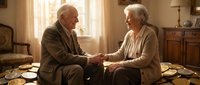 Elderly Caucasian couple holding hands in warm sunlit living room, expressing love and companionship in their golden years together at home.