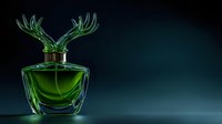 Elegant green perfume bottle with antler-shaped stopper on dark background, luxury fragrance concept for cosmetic advertising and product photography.