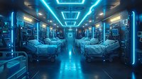 Futuristic hospital ward with advanced medical beds lined symmetrically, glowing cyan neon lighting, digital displays, and sleek technology for sci-fi healthcare concepts.