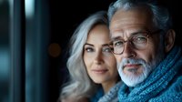 Mature couple sharing tender moment at dusk, silver-haired woman and bearded man with glasses wearing blue scarf, expressing love and connection in soft evening light.