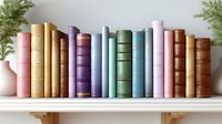 Colorful vintage hardcover books arranged on white shelf with decorative green plants, creating cozy home library atmosphere. For interior design and education concepts.