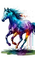 Vibrant watercolor horse galloping with flowing mane in rainbow colors featuring blue, purple, orange paint splashes on white background for artistic designs.