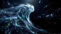 Glowing ethereal energy wave flowing through cosmic space with luminescent particles and stars, representing digital transformation and abstract motion.