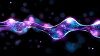 Abstract energy wave with purple and blue light effects flowing across dark background with bokeh particles for digital technology designs.