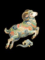 Ornate leaping ram with swirling cloud motifs in teal, gold, and coral tones. Isolated on transparent background, ready for stickers, sublimation, and t-shirt design.