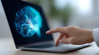 Caucasian hand pointing at glowing blue digital sphere with network connections on laptop screen, modern technology concept for business presentations.