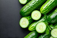 Fresh whole and sliced cucumbers arranged on dark background, top view. Raw organic vegetables with water drops for healthy eating and salads.