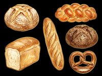 Assorted fresh baked bread loaves, baguette, pretzel and rolls isolated on transparent background. Ready for bakery designs, food packaging, menus, t-shirts and print-on-demand products.