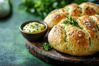 Fresh baked garlic herb pull-apart bread with melted butter and herbs on wooden board, served with herb butter dip against dark green background.