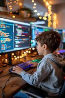 Young Caucasian boy in hoodie learning programming, typing code on computer with multiple monitors while bokeh lights create cozy atmosphere. Concept of early coding education.