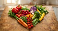 Fresh organic vegetables arranged in heart shape on wooden cutting board in bright kitchen for healthy cooking and nutrition concept.