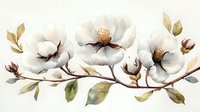 Delicate white magnolia flowers on branch with green leaves and brown buds in watercolor style, soft neutral tones create elegant botanical composition.