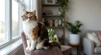 Adorable tabby cat with glasses sitting on windowsill in cozy modern living room with plants and natural light for pet care and home decor concepts.
