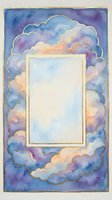 Watercolor cloud frame with gold border and blank center space for text or design elements. Dreamy pastel blue purple pink sky background for invitations.
