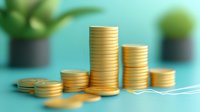 Stacked gold coins showing financial growth with upward trend line against turquoise background, potted plants suggesting sustainable investment.