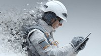 Astronaut in white spacesuit using tablet device during space mission with debris floating around helmet for futuristic technology concepts.