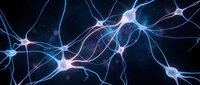 Neural network connections with glowing synapses and electric impulses in dark blue background for medical and scientific presentations.