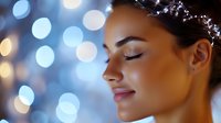 Young woman wearing sparkling tiara with closed eyes and serene expression against bokeh lights background for beauty, fashion, and celebration concepts.