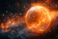 Glowing orange energy sphere with network connections floating in dark space amid particles and smoke effects, perfect for technology and innovation concepts.