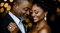 Romantic close-up of mature African American couple sharing intimate moment at evening celebration, with soft bokeh lights creating warm atmosphere. Wedding concept.