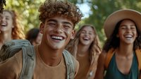 Young capturing genuine joy and friendship in natural sunlight. Authentic lifestyle moment showing youth and happiness.