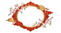 Ornate red and gold circular frame with blooming cherry blossom branches, traditional Asian decorative border design for greeting cards and festive projects.