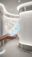 Futuristic holographic energy symbol floating above open palm in modern white interior with curved architecture and ambient lighting for technology concepts.