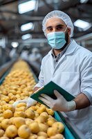 Middle Eastern male food quality inspector in protective workwear checking fresh potatoes on industrial sorting line. Food production facility worker monitoring process.