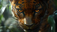 Close up portrait of fierce jaguar face with glowing amber eyes and detailed fur texture in dramatic lighting, showing power and intensity of wild predator in natural habitat.