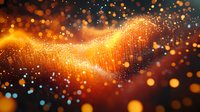 Glowing orange and blue particles flow in wave formation against dark background with magical bokeh light effect creating ethereal atmosphere.