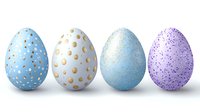 Decorative Easter eggs in pastel colors with metallic dots and speckled patterns on white background, isolated festive spring holiday design elements.