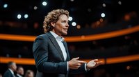 Professional male speaker in dark suit gestures confidently on stage during corporate event presentation, orange lighting and bokeh background create dramatic atmosphere.