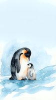 Watercolor emperor penguin parent with chick in snowy Antarctic landscape for wildlife and nature designs.