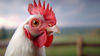 Close-up portrait of white rooster head with bright red comb and wattles against blurred rural background, showing detailed feathers and expressive eye.