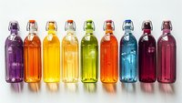 Colorful glass bottles with swing top caps arranged in rainbow order containing vibrant beverages perfect for lifestyle, food photography, and beverage industry marketing.