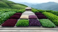 Colorful herb and flower garden arranged in geometric pattern on wooden deck with traditional hut and rolling mountain landscape backdrop. Organic farming concept.