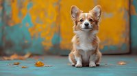 Adorable Papillon mixed breed puppy sitting on turquoise floor against vibrant orange wall background with autumn leaves, looking at camera with perky expression.