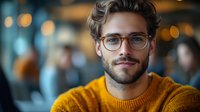 Young Caucasian man with beard and glasses wearing yellow sweater smiling at camera against blurred bokeh background in modern urban setting. Professional lifestyle portrait.
