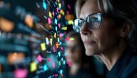 Mature businesswoman analyzing colorful data visualization on transparent display, wearing glasses in dark office environment with digital interface elements.