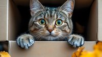 Curious tabby cat with bright green eyes peeking out from cardboard box, paws visible on edge. Playful feline expression captures attention in natural lighting.