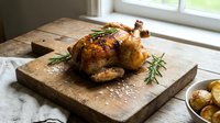 Roasted whole chicken with herbs on rustic wooden cutting board in bright kitchen setting for culinary and cooking content.