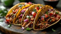 Mexican street tacos with pulled pork carnitas, topped with fresh pico de gallo, red onions, and cilantro on corn tortillas served on rustic wooden board.