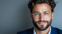 Confident mixed race businessman with beard and glasses smiling at camera. Professional portrait against blue background shows modern leadership and success.