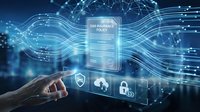 Car insurance policy digital interface with cybersecurity icons and network connections for financial technology and protection services.