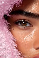 Close-up of brown eye with long eyelashes and defined eyebrow framed by pink decorative frost elements, highlighting natural beauty and winter makeup artistry.