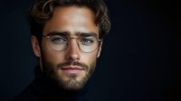 Young professional man with beard wearing round glasses against dark background, dramatic lighting highlights facial features and modern style. For business portraits.