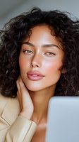 Young mixed race woman with natural curly hair and glowing skin wearing beige blazer, touching neck in soft lighting, perfect for beauty and fashion advertising.