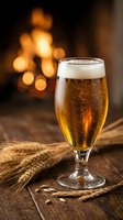 Golden beer glass with foam on rustic wooden table with wheat stalks and warm bokeh lights creating cozy pub atmosphere for brewery marketing materials.