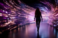 Female silhouette walking through magical light tunnel with glowing purple and blue sparkle effects, creating surreal atmospheric scene for fantasy concepts.
